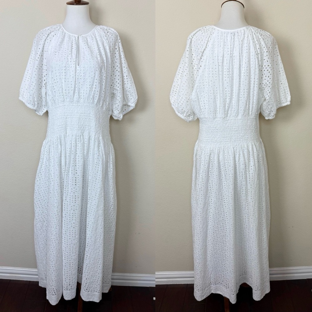 J. Crew Provence Smocked-Waist Midi Dress in Eyelet, White - Picture 3 of 13
